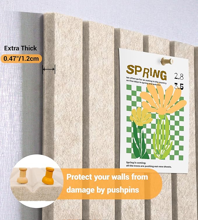 1/2" Thick Cork Board for Office, 6 Pack Felt Wall Tiles -28"x18" with Safe Adhesive Tabs, Large Bulletin Board, Push Pin Board Organizer Wall - Beige