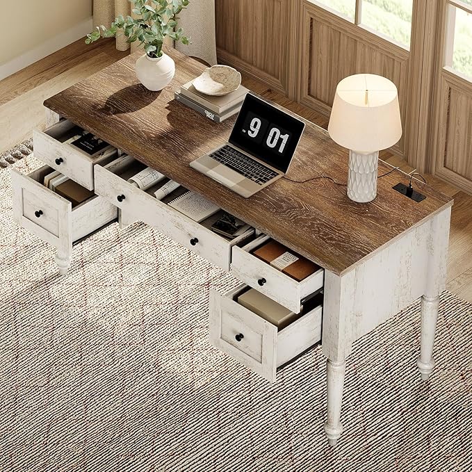 WAMAPT Farmhouse Executive Desk with 5 Drawers, Home Office Desk with Charging Station, Wood Computer Desk with File Cabinet Storage, Door, Open Shelf for Work and Study, Rustic White, 55 inch