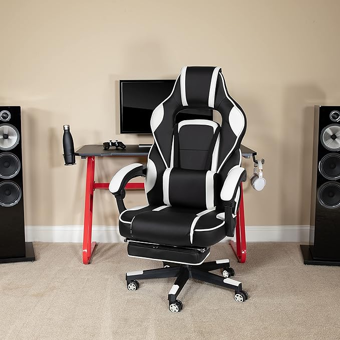 Flash Furniture X40 Gaming Chair Racing Ergonomic Computer Chair with Fully Reclining Back/Arms, Slide-Out Footrest, Massaging Lumbar - White