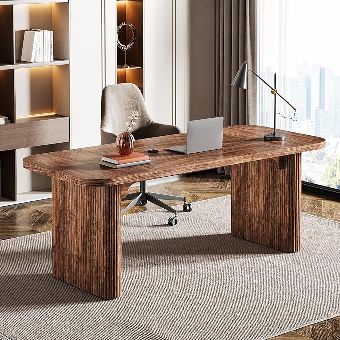 Tribesigns 62-Inch Modern Executive Desk, Wood Office Desk, Large Aesthetic Computer Desk with Double Pedestal, Workstation for Home Office (Brown)