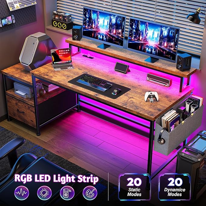 Computer Desk with Monitor Stand,Office Desk with LED Lights &Power Outlets,Gaming Desk with Drawers & Printer Shelf,Writing Table with Side Storage Bag,57" W x 20" D x 36" H,Rustic Brown