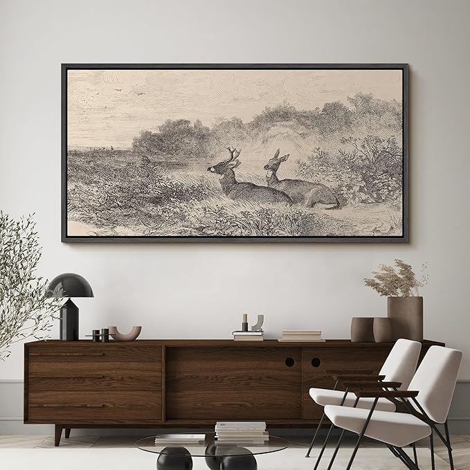 SIGNFORD Extra Large Framed Canvas Vintage Deer Meadow Landscape Illustrations Modern Art Calm Warm for Living Room, Bedroom, Office - 60"x30"