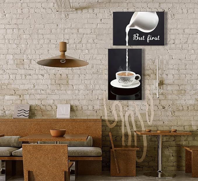 2pc Coffee Bar Wall Art Decor But First Coffee Sign Posters Prints Kitchen Dining Room Canvas Poster Wall Decor Modern Home Pictures Artwork for Bedroom Living Room Painting framed