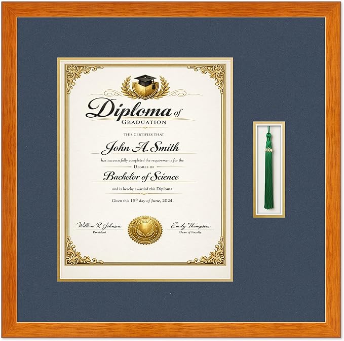Diploma and Tassel Frame Fits 11 x 14 College Diploma (Portrait) with Tassel H Honey Oak Genuine Hardwood Shadowbox with Navy Blue Over Metallic Gold Double mat
