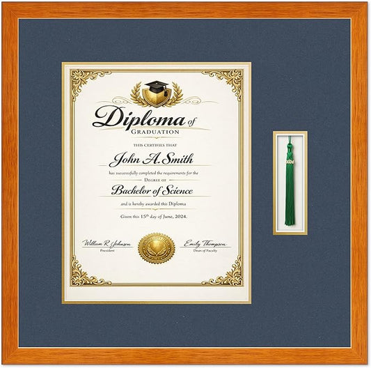 Diploma and Tassel Frame Fits 11 x 14 College Diploma (Portrait) with Tassel H Honey Oak Genuine Hardwood Shadowbox with Navy Blue Over Metallic Gold Double mat