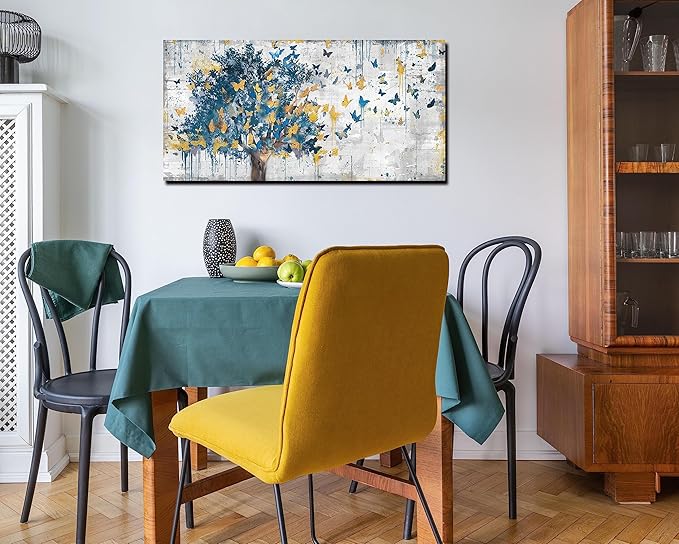 Kepgonegu Large Canvas Wall Art Blue Tree Golden Butterflies Picture Abstract Grey Graffiti Canvas Prints Ready to Hang for Living Room Bedroom Size 30x60