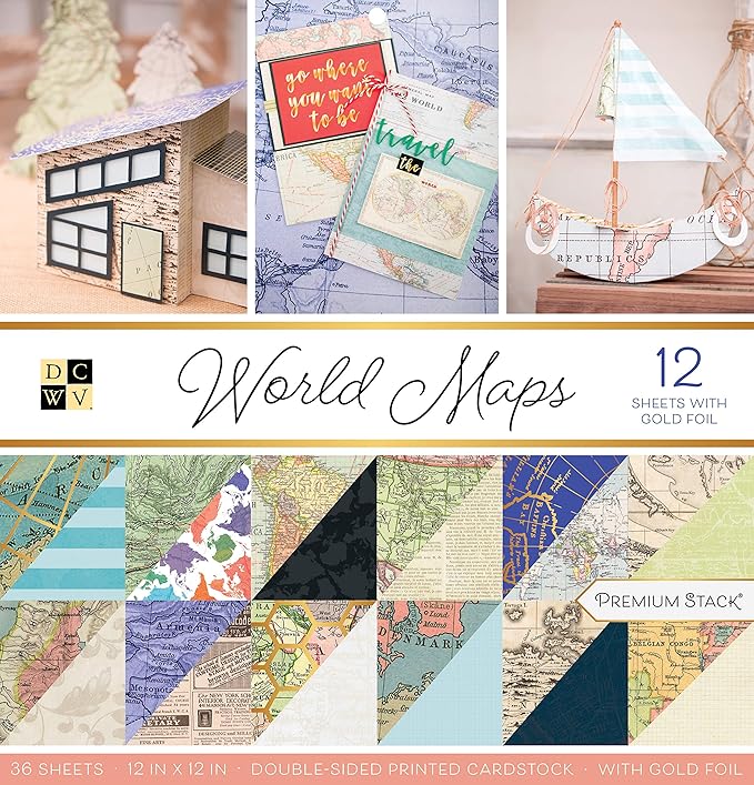 DCWV Printed Cardstock Paper 12x12, 36 Sheets of Scrapbook Paper for Crafts and Card Making, Double Sided Heavy Duty Cardstock with Foil Accents - World Maps