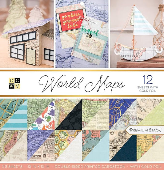 DCWV Printed Cardstock Paper 12x12, 36 Sheets of Scrapbook Paper for Crafts and Card Making, Double Sided Heavy Duty Cardstock with Foil Accents - World Maps