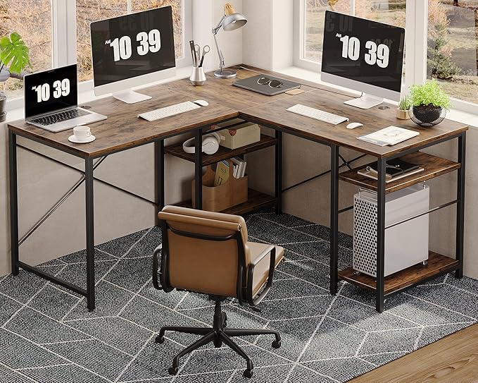 Bestier L Shaped Desk, 95.2 Inch Reversible Corner Computer Desk with Shelves, 2 Person Long Table for Home Office, Large Writing Storage Workstation with 3 Cable Holes, Rustic Brown