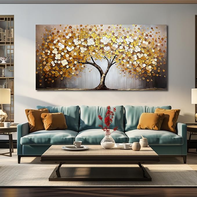 WDHCG Gold and White Tree Painting Wall Art For Living Room - Tree Of Life Wall Decor For Office - Extra Large Wall Art For bedroom Size 36 x 72 Inch