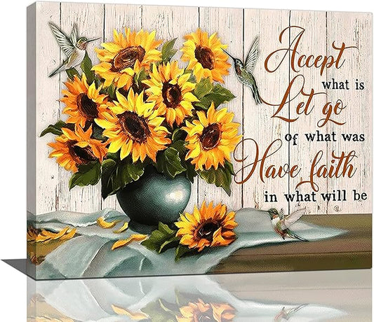 yerretin Farmhouse Sunflower Wall Art Sunflower Pictures Wall Decor Rustic Canvas Painting Modern Artwork Home Decorations for Bathroom Dining Room Kitchen Bedroom Office Framed 20"x16"