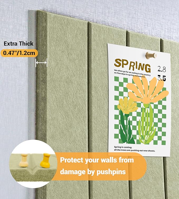 1/2" Thick Cork Board for Office, 6 Pack Felt Wall Tiles -28"x18" with Safe Adhesive Tabs, Large Bulletin Board, Push Pin Board Organizer Wall - Sage Green