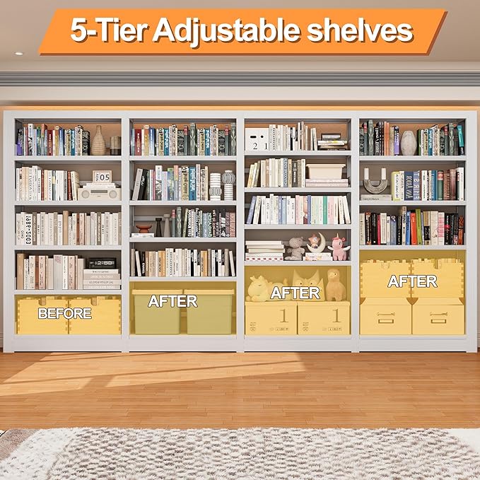 Industrial 5-Tier White Metal Bookshelf - Tall Freestanding Organizer for Living Room, Bedroom & Home Office