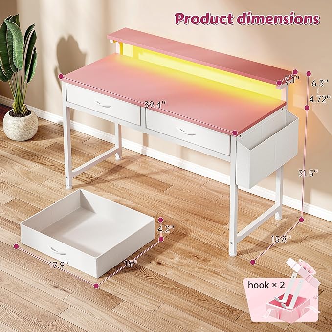 39.4Inch Office Computer Desk with LED Lights & 2 Fabric Drawers, Gaming Desk with Side Pocket & Ergonomic Monitor Stand, Small Space Study Writing Table with Anti-Tip Design,Pink