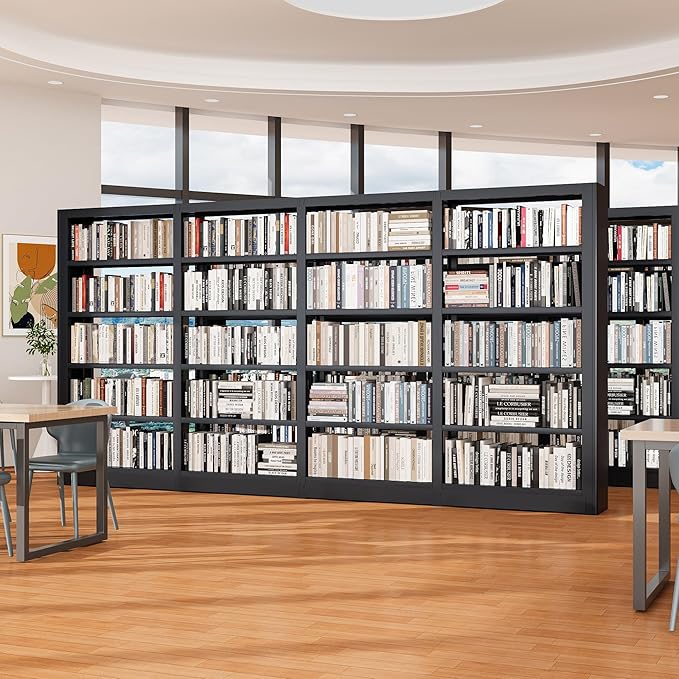 5-Tier Industrial Bookshelf, White Bookcases and Bookshelves, Tall Storage Organizer, Freestanding for Living Room, Bedroom, Home Office, Metal (Black, Bookshelf-4)