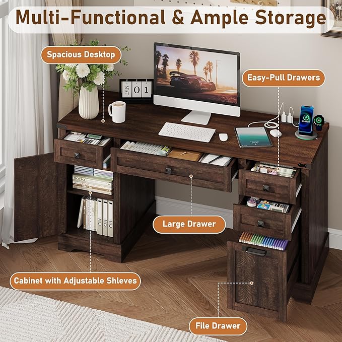 58'' Farmhouse Home Office Desk with Drawers, Wooden Executive Desk with Charging Station, File Drawers and Storage Cabinet, Computer Desk for Work, Study and Writing, Brown