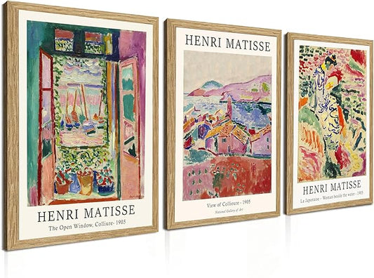 Induslyfe Framed Retro Vintage Wall Art Canvas Decor Set of 3, Matisse Wall Art Prints Poster Mid Century Modern Art, Sage Green Aesthetic Floral Botanical wall art living room bathroom bedroom 12x16
