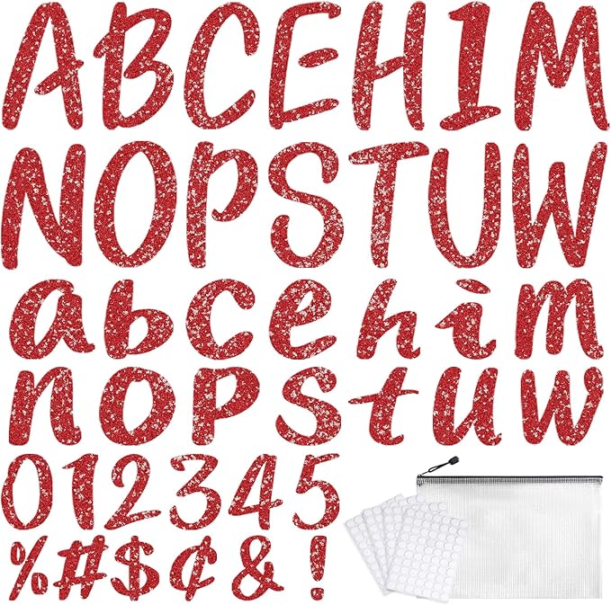 273 Pcs 4 Inch Glitter Bulletin Board Letters Set - Poster Board Letter Cutouts with Alphabet, Symbols, Numbers, Storage Bag - Classroom Decor, DIY Projects, Teacher Supplies, Office (Red)