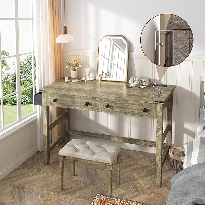EnHomee 40" Small Desk with Power Outlets, Computer Desk with Drawers for Bedroom and Home Office, Writing Desk with Drawers and a Side Pocket, Vanity Desks for Bedroom, Dark Rustic Oak