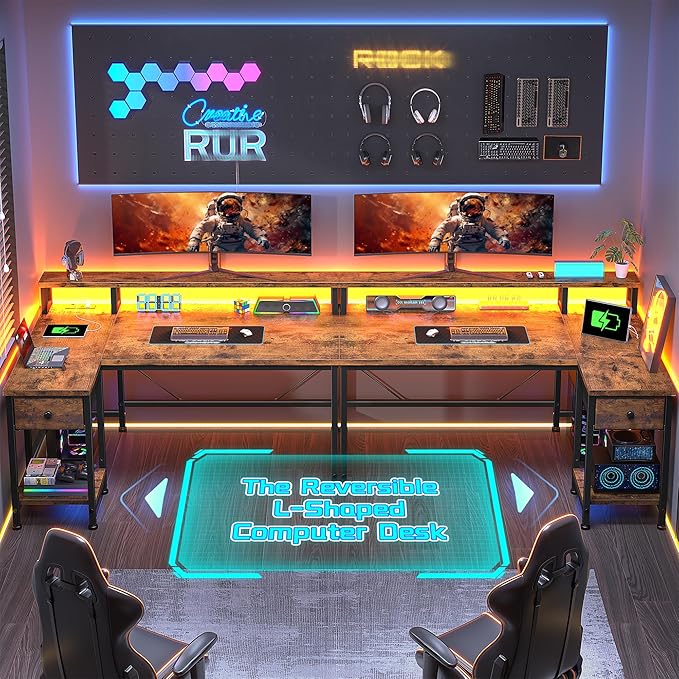 40" Gaming Desk with LED Lights, Computer Desk with Power Outlet & Drawer, L Shaped Desk with Monitor Stand for Gaming, Home Office Desk for Study Room, Bedroom, Living Room,Rustic Brown