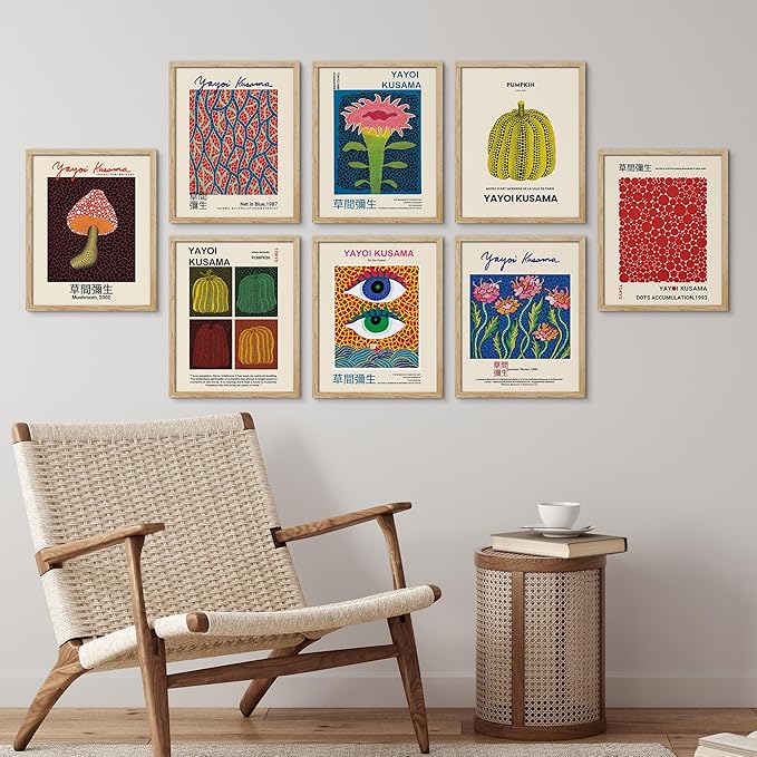 SIGNWIN Framed Poster Wall Art Set of Mushroom Botanical, Blue Red Dots, Japanese Pumpkin The Ocean Minimalist Decor for Living Room, Bedroom, Office - 8"x10"x 8 Natural