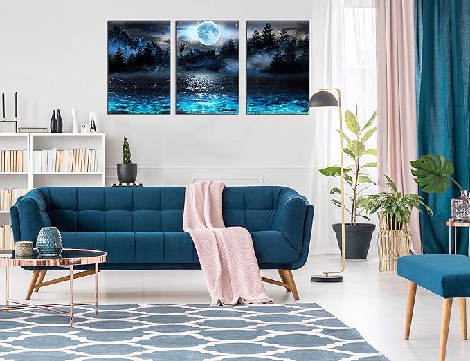 Aburaeart Moon - Deer Ocean Landscape Picture Wall Art For Living Room & Bedroom - 3 Piece Canvas Wall Decor - 16x24 Each Panel