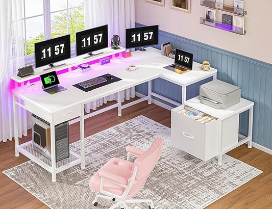 96.5'' Computer Desk with Drawers, Gaming Desk with LED Lights & Monitor Shelf, Office Desks with Power Outlets, L Shaped White Corner Desks for Home Office, Study Room and Bedroom, White