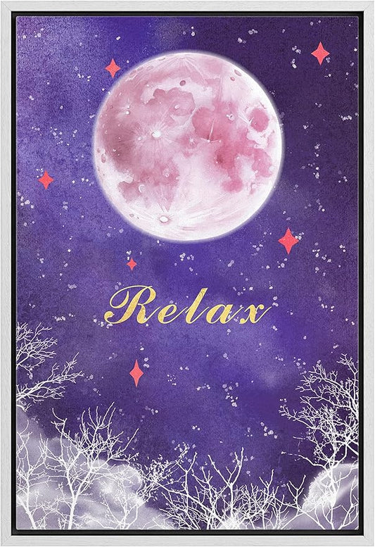 IDEA4WALL Framed Canvas Print Wall Art Tranquil Watercolor Galaxy with Pink Moon Astronomy & Space Sky Illustrations Modern Art Glam Colorful Ultra for Living Room, Bedroom, Office - 24"x36" WHITE