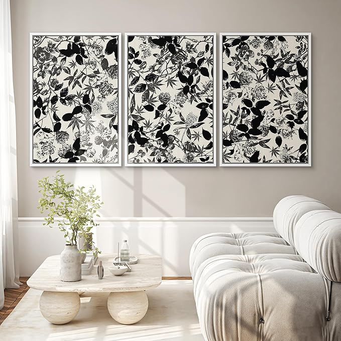 SIGNWIN Framed Canvas Print Wall Art Set Black and White Botanical Collage Monochrome Floral and Leaf Illustrations Modern Art Decorative Abstract for Living Room, Bedroom, Office - 24"x36"x3 White