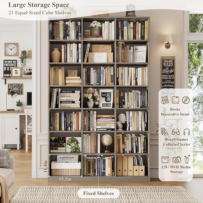 HOSTACK 86"H Triple Wide Bookshelf and Bookcase, 7 Tier Tall Bookshelf with Storage, Large Bookcase with 21 Open Display Storage Shelves, Wood Book Shelf Media CD DVD Storage for Living Room, Ash Gray