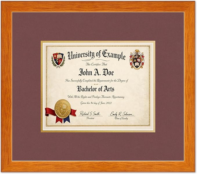 CountryArtHouse Diploma Frame Fits 10 x 8 Professional License - Keepsake Graduation Display Honey Oak Genuine Hardwood with Dark Red Over Metallic Gold Double mat