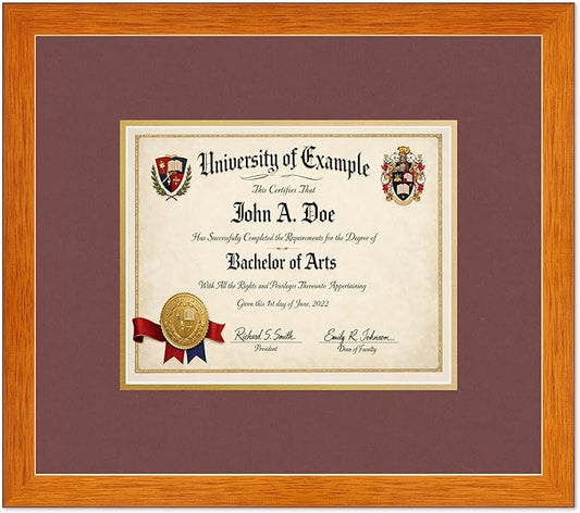 CountryArtHouse Diploma Frame Fits 10 x 8 Professional License - Keepsake Graduation Display Honey Oak Genuine Hardwood with Dark Red Over Metallic Gold Double mat