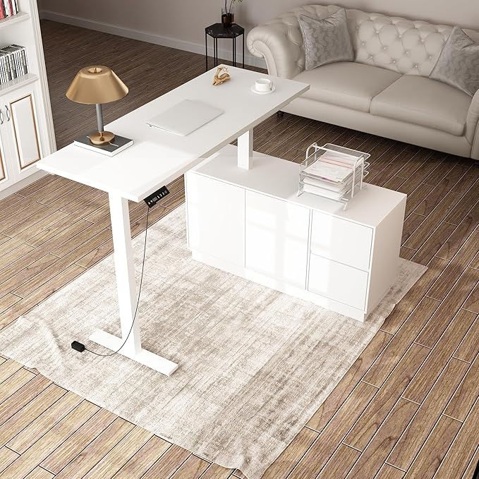 Homsee Electric Height Adjustable Standing Desk, L-Shaped Computer Desk with 2 Drawers & 2 Doors for Office, Workstation Table with Storage Cabinet for Writing Study Work Executive, White