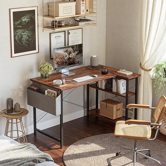 CubiCubi L Shaped Desk, 40" Computer Desk with Reversible Storage Shelves Home Office Corner Desk Study Writing Gaming Table, Brown