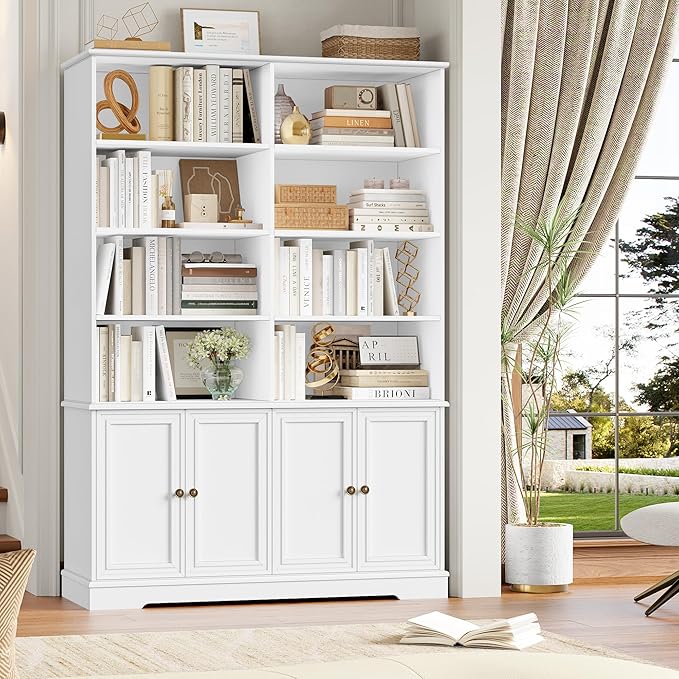 FINETONES 73" White Bookshelf with Doors, 6 Tier Tall Bookshelf Double Wide Bookcases and Bookshelves with Storage, Large Display Cabinets for Home Office,Living Room, Library
