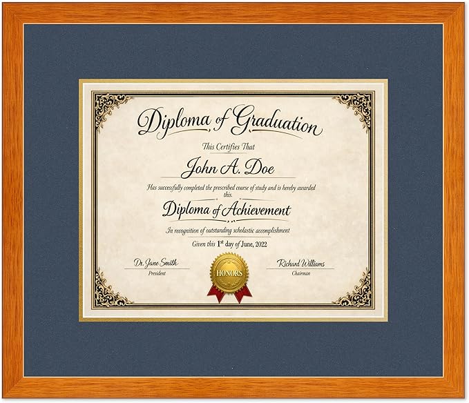 Diploma Frame Honey Oak with Navy Blue Over Gold Double Mat - Fits 14 x 11 College Diploma (Modern) Wall Display Made in the USA