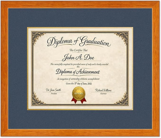 Diploma Frame Honey Oak with Navy Blue Over Gold Double Mat - Fits 14 x 11 College Diploma (Modern) Wall Display Made in the USA