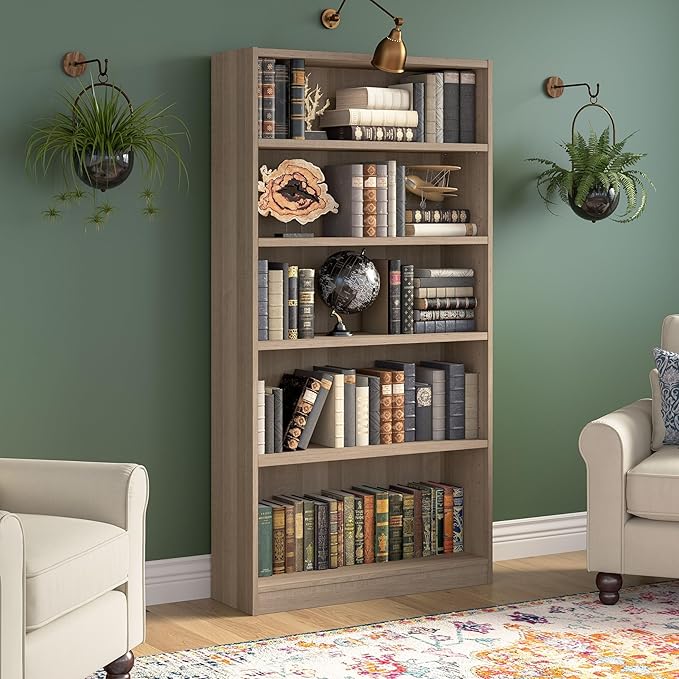 Bush Home Universal Tall 5 Shelf Bookcase in Ash Gray, Vertical Storage and Display Bookshelf for Home Office or Living Room Organization