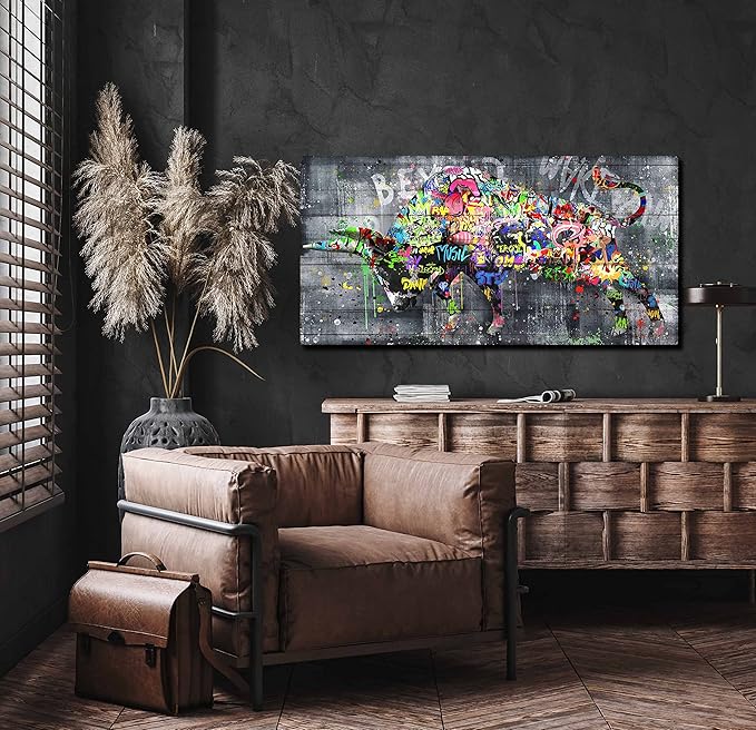 SIXTTART Highland Cow Wall-Art For Living Room Large Size - Banksy Canvas Wall Art For Bedroom - Graffiti Farmhouse Wall Decor Ready To Hang Size 59" x 29"