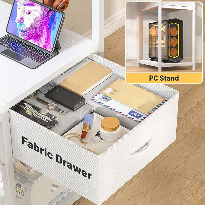 EnHomee 40" Computer Desk with Drawer & Storage Shelves, Home Office Desk with Monitor Stand, Gaming Desk with LED Lights & Power Outlets for Living Room, Study Room, Gaming Room, White
