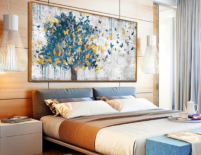 Large Framed Canvas Wall Art Blue Tree Golden Butterflies Picture Abstract Grey Graffiti Canvas Prints Ready to Hang for Living Room Bedroom Size 30x60