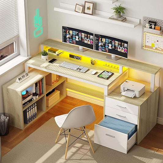 DWVO L Shaped Desk with Drawers, 65" Computer Desk with Power Outlets & LED Lights, Corner Home Office Desk with Storage Shelves & Printer Stand, White & Oak