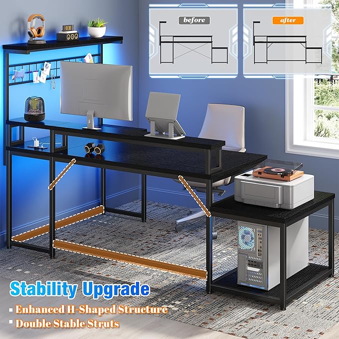 EnHomee 56" Medium L Shaped Gaming Desk with LED & Power Outlets,Computer Desk with Monitor Stand & Print Stand for Home Office,Reversible Corner Gaming Table with Storage Shelf & Hooks,Black