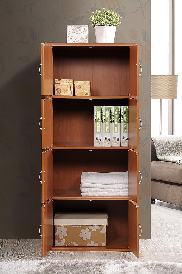 Hodedah 4-Shelf, 8-Door Bookcase Cabinet in Cherry