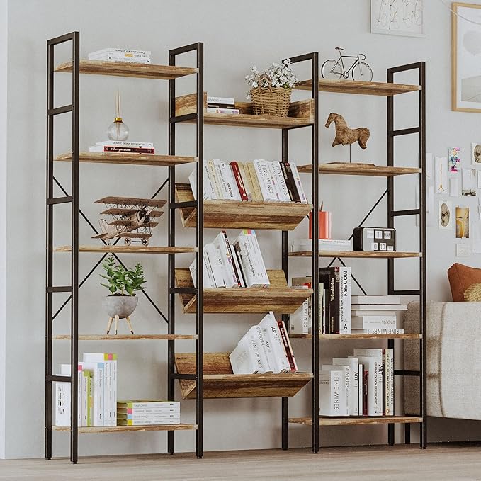 IRONCK Bookshelf, Bookshelves and Bookcases, Triple Wide 5 Tiers Book Shelf with Baffles, Industrial Bookshelf with Metal Frame for Living Room, Home Office