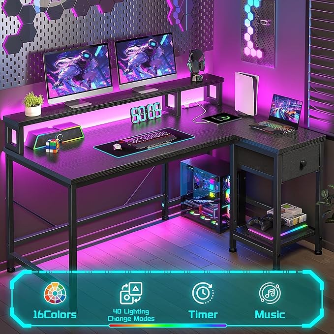 40" Gaming Desk with LED Lights & Power Outlet, L Shaped Desk with Drawer & Monitor Stand, Computer Desk for Small Room, Gaming, Corner Desk for Study Room, Bedroom, Black