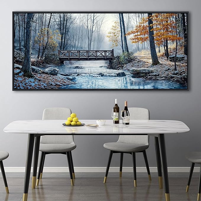 yiijeah Extra Large Living Room Wall Art - Modern Wall Decor for Bedroom Office Decor Mountain Forest Landscapes Village Bridge Painting Framed Canvas Prints 70x31 Inches