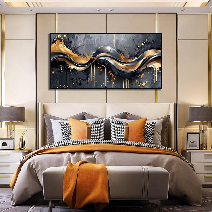 Gold Canvas Wall Art Black Artwork Large Abstract Wall Decorations Modern Pictures for Bedroom Living Room 24"x 48"