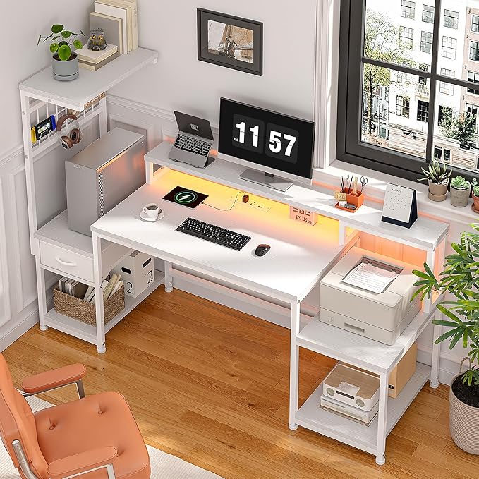 55" Gaming Desk with LED Lights & Outlets,Computer Desk with Drawers & Monitor Stand,Gaming Table with Storage Shelves & Printer Space for Game Room,Study Room,Home Office,Bedroom,White