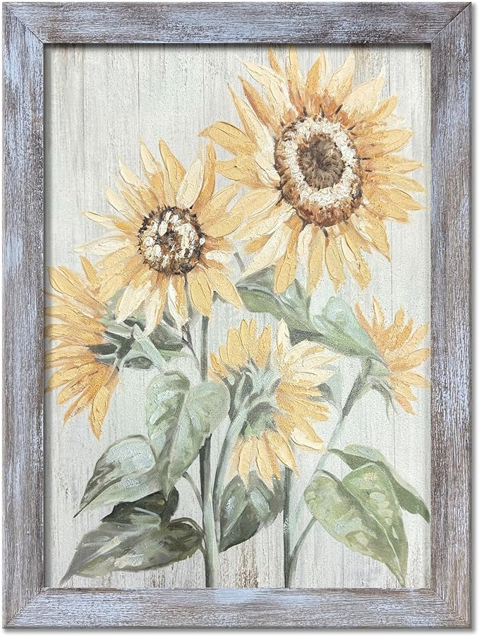 Botanical Wall Art Picture - Framed Sunflowers Floral Painting with Wood Texture for Bathroom and Bedroom 24"x18"